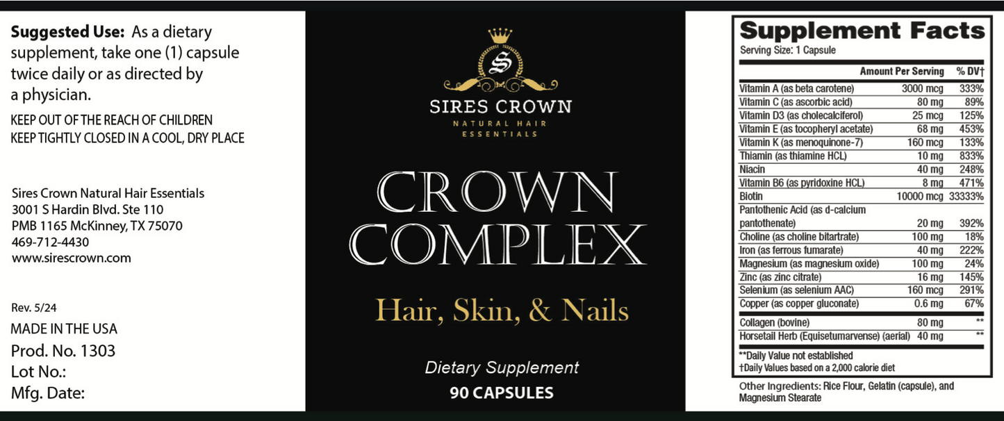 Crown Complex Multi Vitamin - 90 capsules - Hair Growth Supplements with Biotin, Collagen and Horsetail Grass