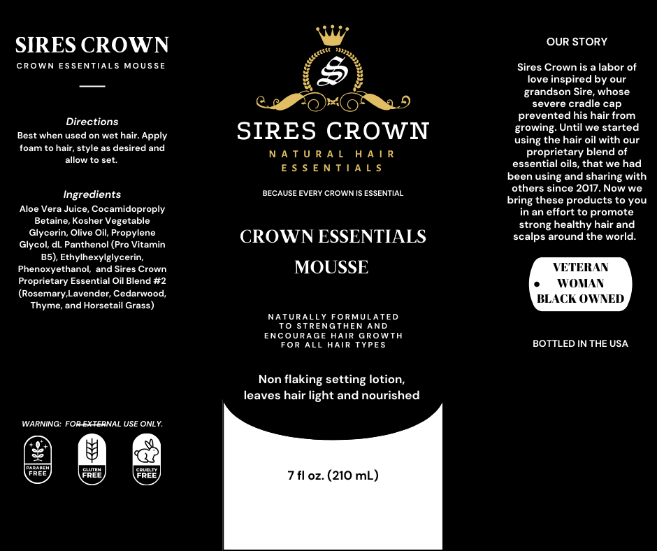 Crown Essentials Mousse - 7 oz - Volumizing Long Lasting Styling Foam with Vitamin B5 and Rosemary
