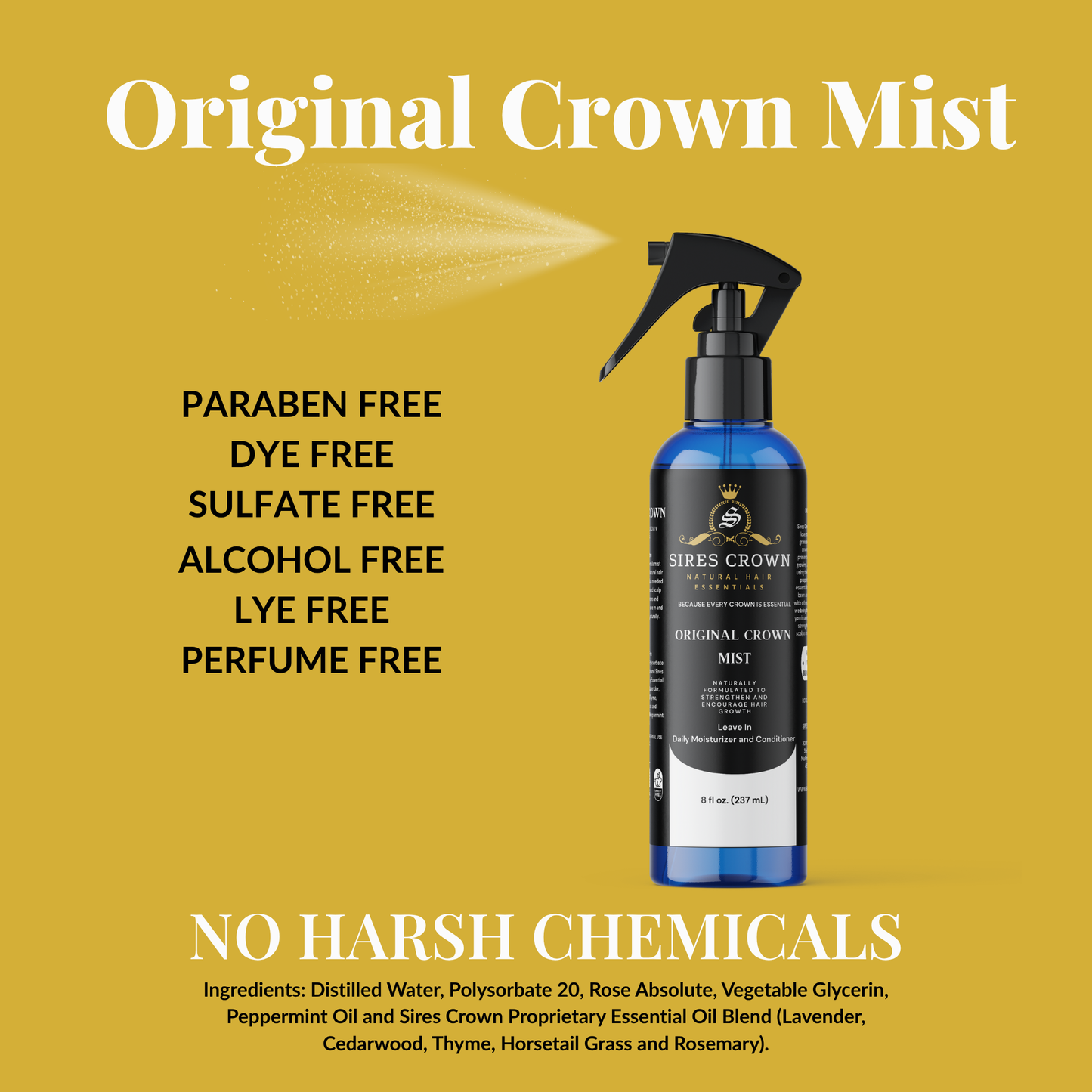 Original Crown Mist - 8 oz - Hydrating Daily Leave In Conditioning Mist with Rosemary and Horsetail Grass