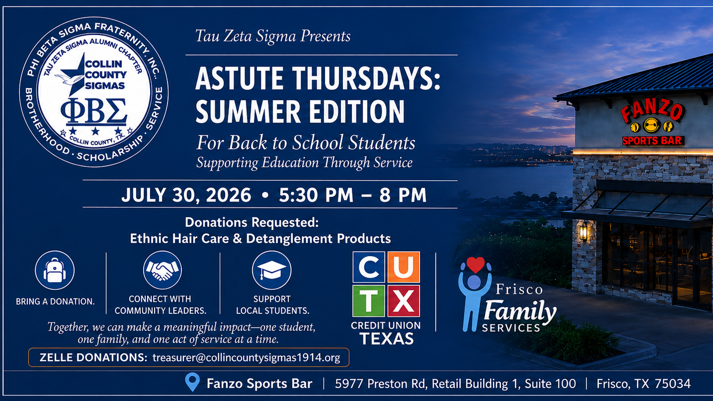 Promotional flyer for 'Astute Thursdays: Summer Edition' by Tau Zeta Sigma, featuring a photo of Tano's Sports Bar at dusk on the right and event details on the left, including donation requests and partner logos.