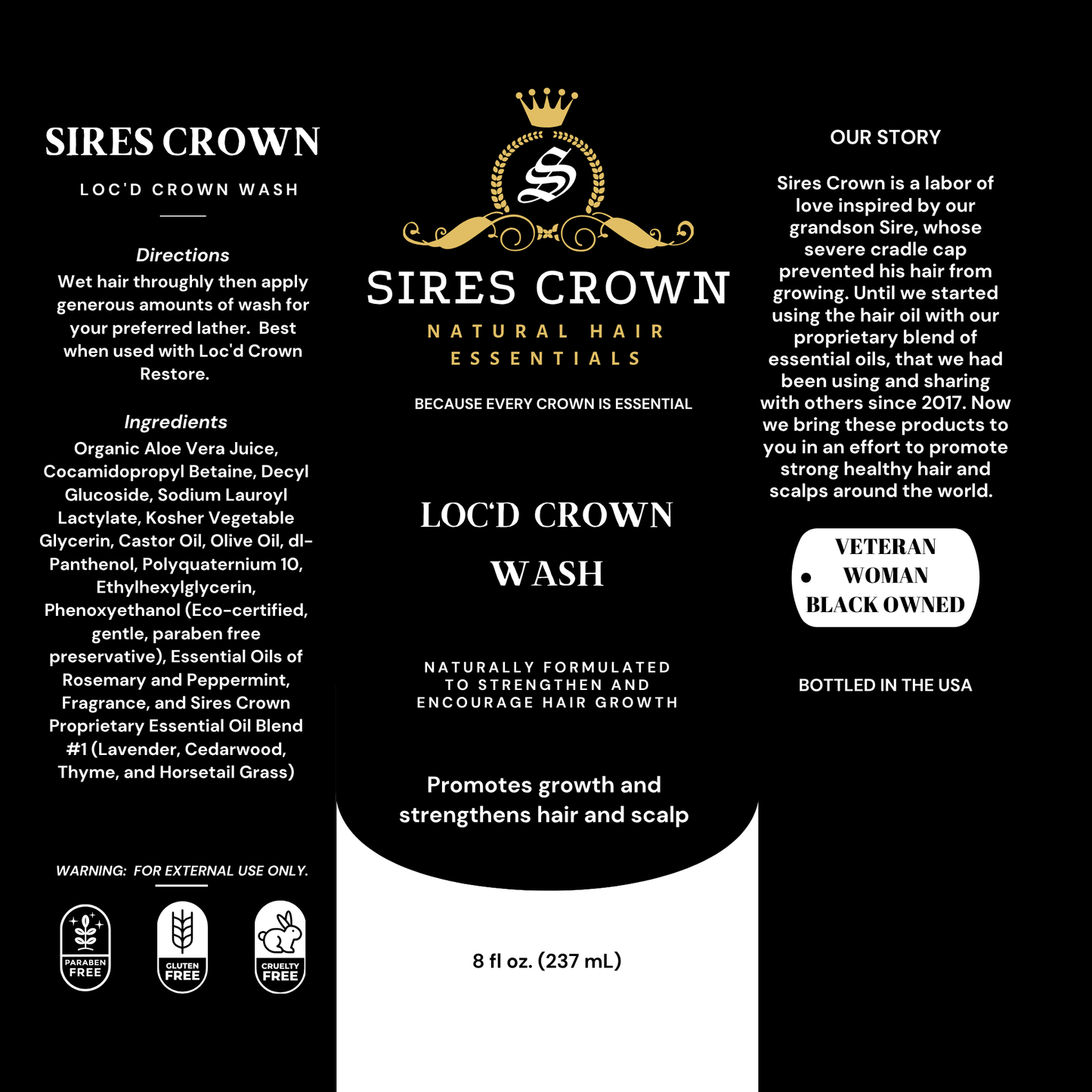 Loc'd Crown Wash - 8 oz - Deep Cleansing Shampoo with Aloe and Castor Oil