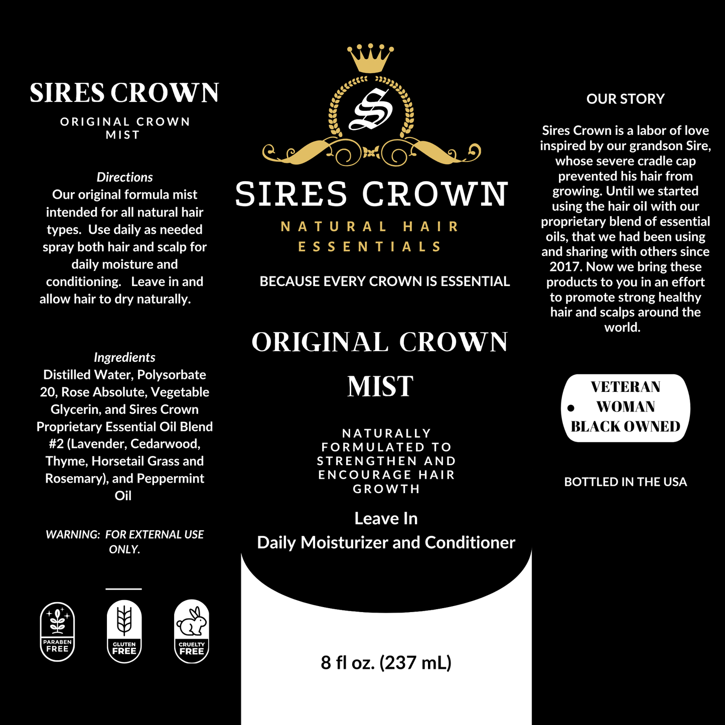 Original Crown Mist - 8 oz - Hydrating Daily Leave In Conditioning Mist with Rosemary and Horsetail Grass