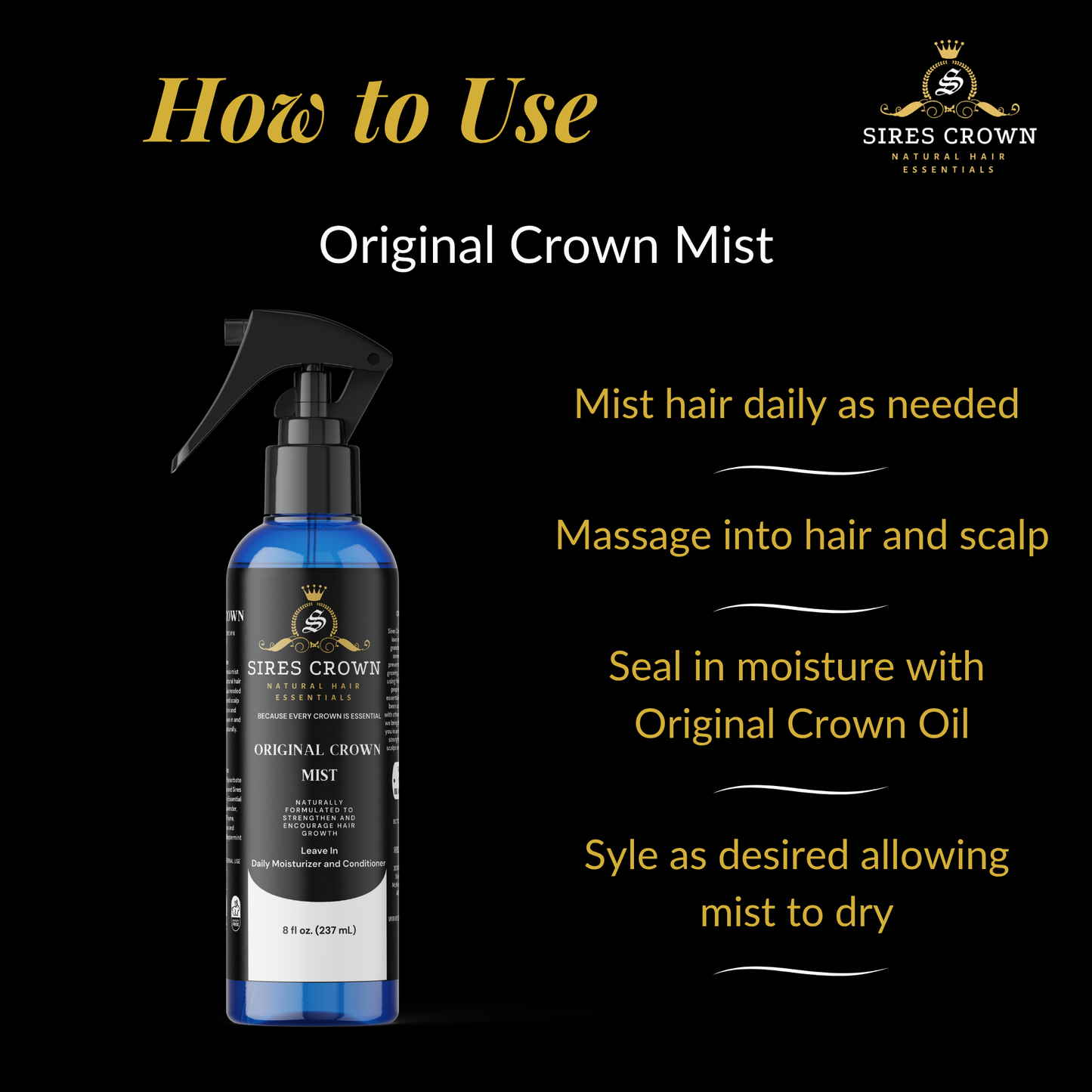Original Crown Mist - 8 oz - Hydrating Daily Leave In Conditioning Mist with Rosemary and Horsetail Grass