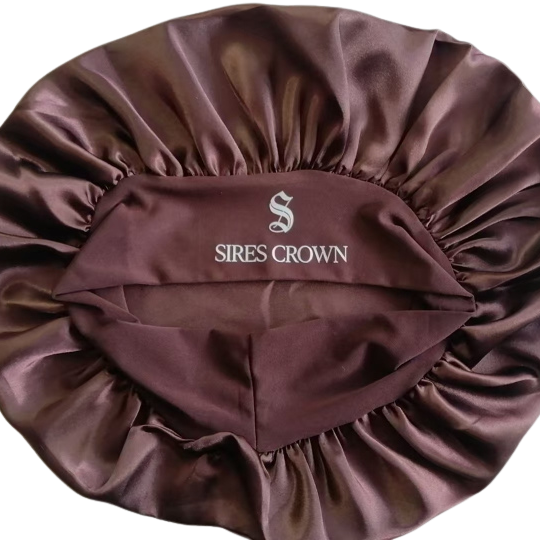 Sleep Bonnet in dark brown satin with a smooth, glossy finish, gathered elastic edge, and Sires Crown logo.