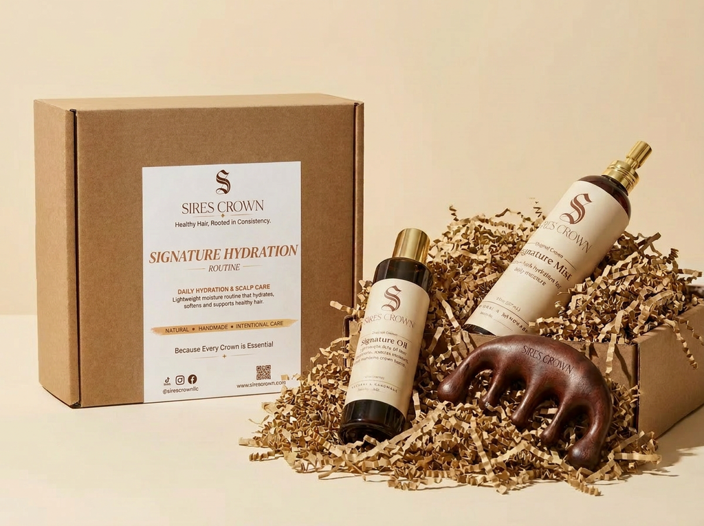 Hair Hydration Routine featuring a brown gift box and two cream-and-gold hair care bottles with a wooden comb